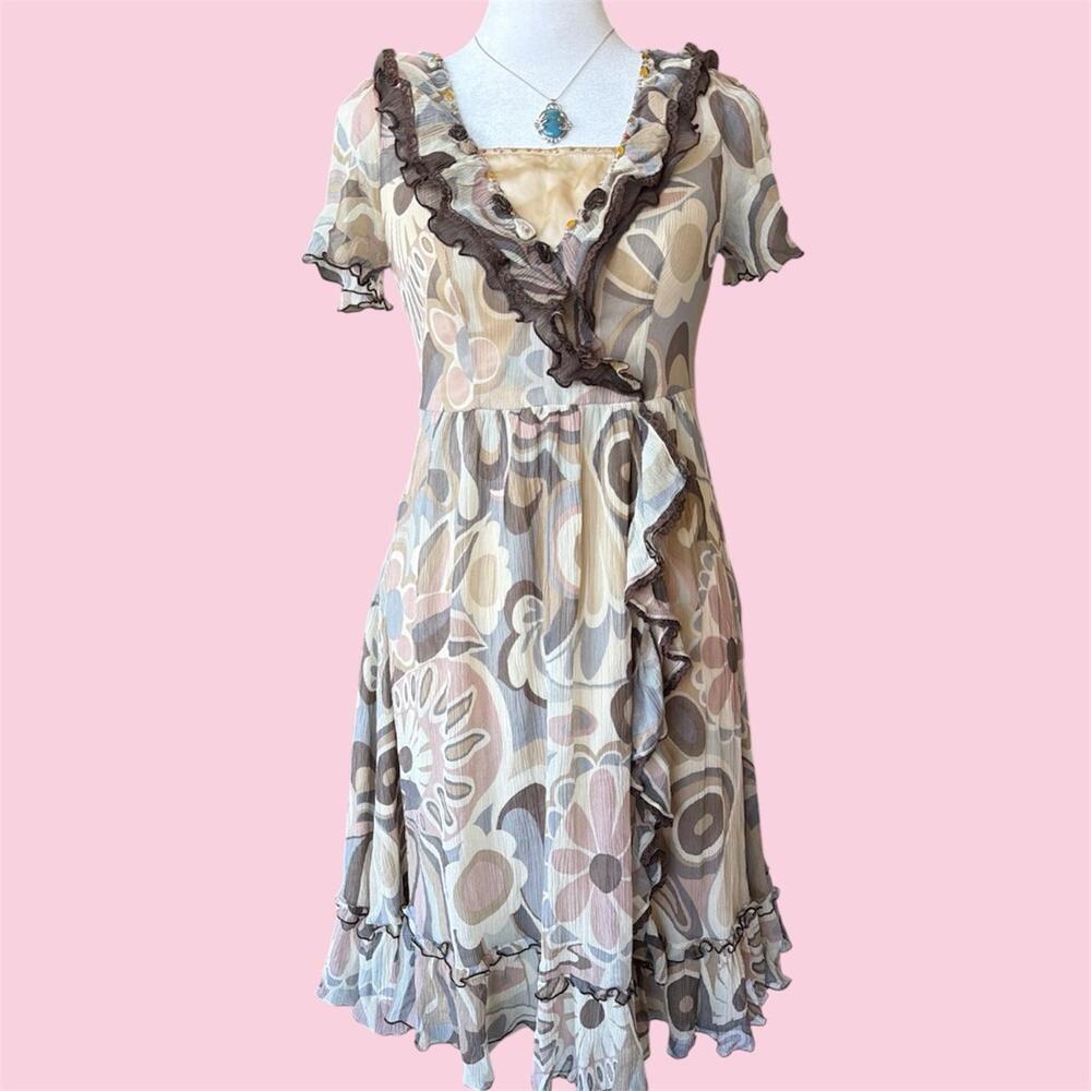 Anna Lice 100% silk brown and beige floral print dress with beads & lace trim